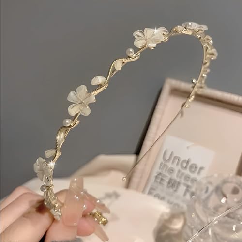 Esshogo 1 pezzi Cerchietto Comunione Bambina e Sposa, Cerchietto per Comunione e Sposa, Fascia per Capelli da Matrimonio con Strass e Cristalli, Tiara Fiore con Perle per Sposa, Accessorio Capelli Ar