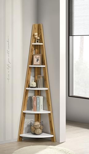 Image of DeckUp Plank TIVA Engineered Wood Corner Ladder Book Shelf (Wotan Oak & White, Matte Finish)