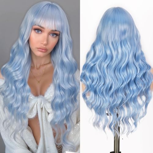 Fancy Hair Light Blue Wig with Bangs Long 26 Inches