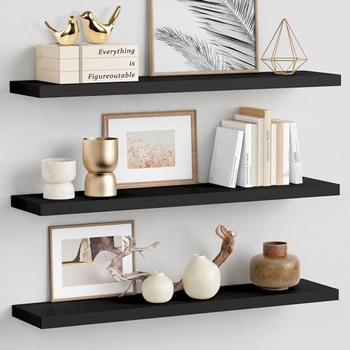 Forbena Large Floating Shelves for Wall 36 Inches Long 8 Inch Deep, Black Wall Shelves for Kitchen Bedroom, Heavy Duty Wooden Floating Shelf for Living Room Office Closet (Black, Set of 3)