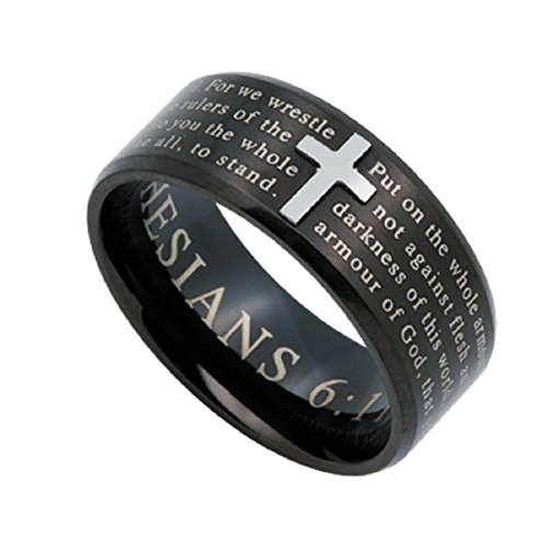 ARMOR OF GOD Jewelry Cross Ring For Men, Black Stainless