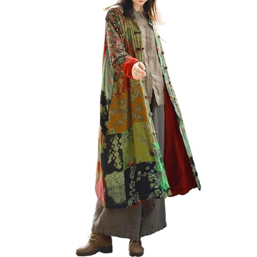LUZU JUNU Women's Trench Coat Floral Print Long Cotton Linen