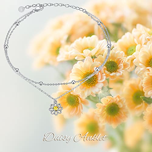 Image of POPLYKE 925 Sterling Silver Double Layered Chain Evil Eye Daisy Sunflower Butterfly Anklets for Women Holiday Beach Crystal Ankle Bracelet Dainty Evil Eye Jewelry