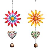 Metal Flowers Hanging Decor, Flower Wind Chime Bell Hanging Decor for Outdoor Garden Yard Doors Walls Living Rooms Bedrooms, 2 Pack (Flower-a-Heart)