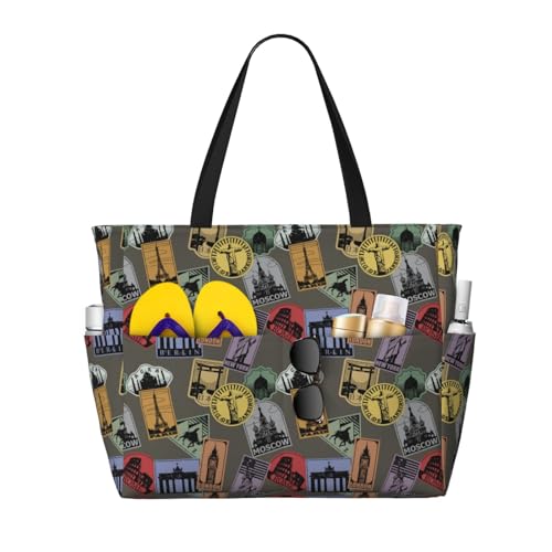 Large Beach Bags Water-resistant Sandproof - Stamp worlds Pattern Cute Beach Tote Bags for Women with Zipper