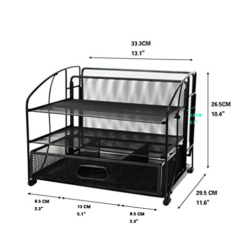 Exerz Mesh Desk Organizer Office Supplies 3 Trays/Desktop File Holder with Sliding Drawer and Hanging File Holder/Vertical Upright Section for Office Home Multifuntional - Black