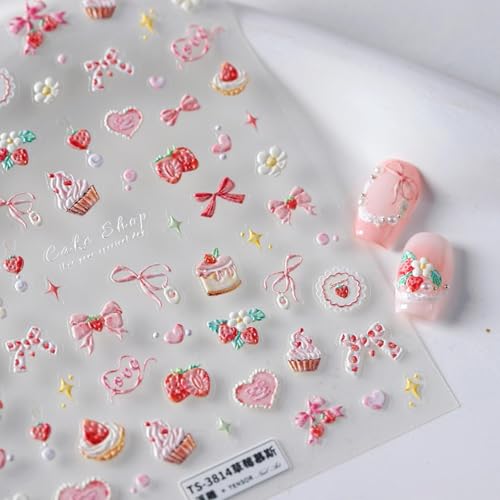 5D Embossed Pink Nail Stickers for Nail Art Cake Strawberry Bow Nail Art Stickers Nail Decals Self Adhesive Cute Nails Design Manicure Supplies Charm for Women NBNTGH Nails Decorations