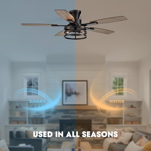 Image of 52 Inch Flush Mount Ceiling Fans with Lights and Remote Control, Low Profile Farmhouse Ceiling Fan for Bedroom Living Room and Patio, Black Caged Ceiling Fan for Indoor and Outdoor