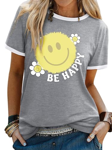 Image of Dresswel Womens T-Shirts Crew Neck Short Sleeve Summer Tops Smile Tee Shirt
