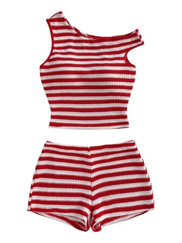 Verdusa Womens 2 Piece Striped Set Off Shoulder Tops and Shorts Summer Two Piece Going Out Beach Vacation Red and White X-Small