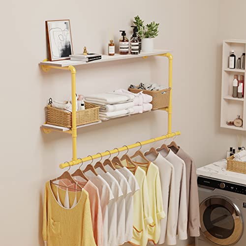 unho Kleiderstange zur Wandmontage, Wandgarderobe mit 2 Ablage im Industrierohrstil, Wandgarderoben für Schlafzimmer Wohnzimmer, Gold