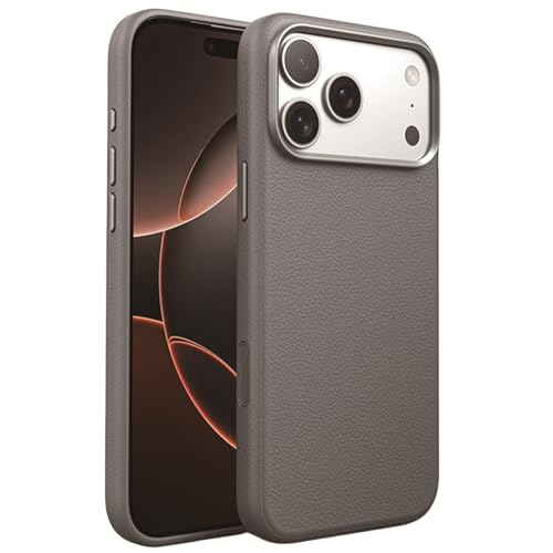 Coque iPhone 17 Magsafe fine en cuir gris protégeant l'objectif des rayures