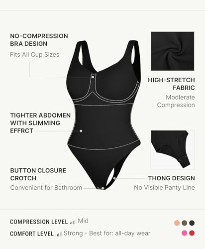 Image of FeelinGirl Shapewear Bodysuits for Women Tummy Control Thong Seamless V Neck Compression Body Suits Corset Top