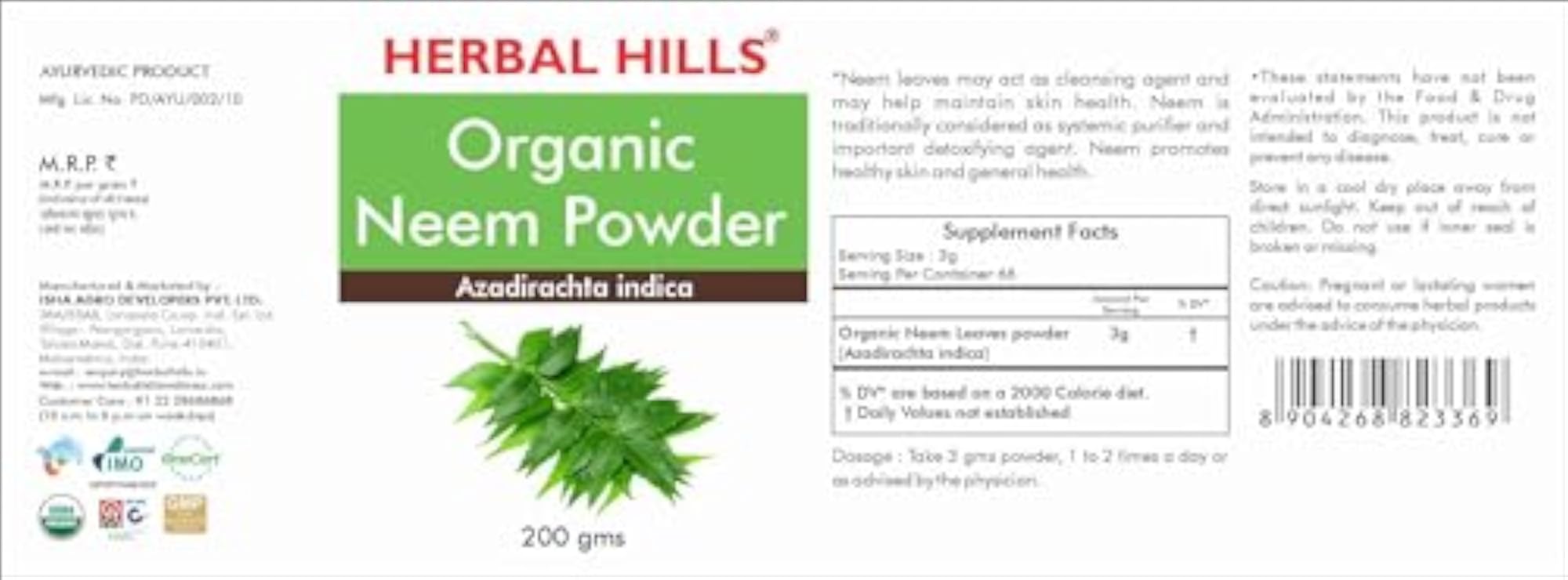 Herbal Hills Organic Neem Powder, 200 g