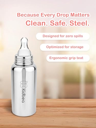 Image of Kidbea Stainless Steel Feeding Bottle 250ml for Babies | BPA Free, Food Grade, Leakproof | Anti-Colic Nipple | Safe & Durable Baby Milk Feeder (Pack of 1)