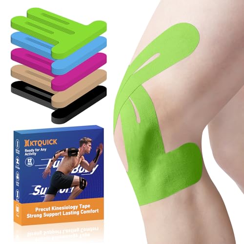 Image of PreCut Kinesiology Tape for Knees, KTQUICK 12 PCS 20% Extra Adhesive Knee Tape for Knee Pain Relief Pre Cut, Anatomical for Maximum Hold, Waterproof&Hypoallergenic Cotton Latex-Free for Sports (Green)