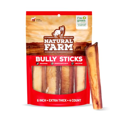 Natural Farm Pet - Regular Jumbo Bully Sticks, 4 Pack, Extra-Thick Dog Treats – Fully Digestible 100% Beef Treats, Natural Dental Chews – Keep Your Dog Busy with 50% Longer Lasting Chews, Odor Free