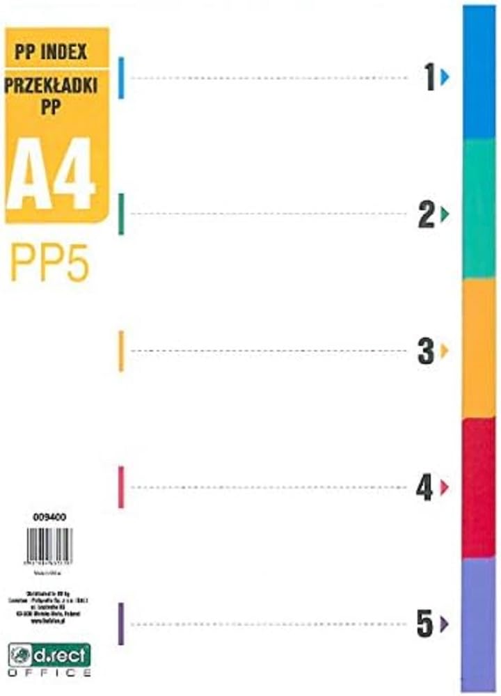 D.RECT Index for A4 PP5 5 Dividers Ring Binder Tabs with Printed Numbers 1-5 Multi-Coloured Polypropylene Colour Divider