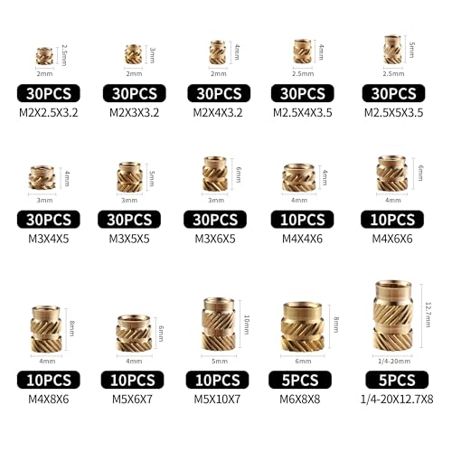 Gewindeeinsatz, Set mit 300 Einpressmuttern, PP Box, mit Etikett. M2 M2,5 M3 M4 M5 M6 Messing Gewindeeinsätze, gerändeltes Einschmelzgewinde, geeignet für Kunststoffteile im Gewindeeinsatz 3D Druck