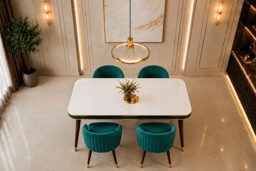 Image of WOODEN SPACE Majestic 4 Seater Wooden Dining Table Set | Urban Marble Top Dining Table with Chairs for Dining Room & Kitchen (Sea Blue Majestic Backline)