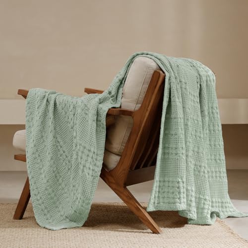 Image of PHF 100% Cotton Waffle Throw Blanket for Couch, Lightweight Breathable and Soft for Summer, Luxury Aesthetic Waffle Weave Blanket for Home Decor & Office, Gifts for Women, 50 inchx60 inch, Mint Green