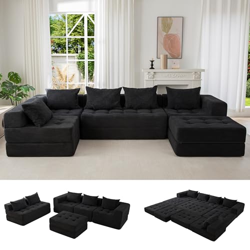 Image of MAXYOYO Modular Sectional Sofa Couch, Foldable U Shaped Cloud Couch with Pillows, Tufted 6-Seat Boneless Sofa Lounger for Living Room, No Assembly Required, Black