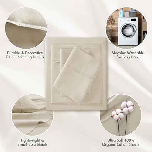 Madison Park Organic Cotton Sheet Soft & Breathable 300TC Cotton Sheets, Elastic Deep Pocket Sheet Set Fits Up to 18" Mattress, All Seasons, Lightweight, 100% Cotton Bed Sheets, Queen Taupe 4 Piece - Thumbnail 2