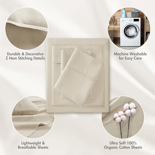 Image of Madison Park Organic Cotton Sheets 300TC, Queen Size Bed Set, Taupe 4 Piece | Soft & Breathable Cotton Bed Sheets, Elastic Deep Pocket, Fits Up to 18 inch Mattress, All Seasons Cozy Lightweight Bedding