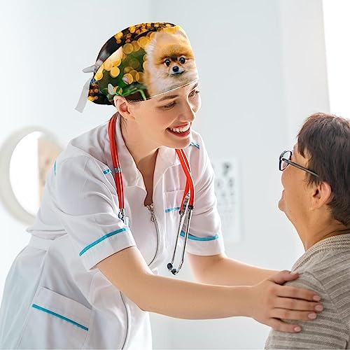 2 Pieces Surgical Cap For Long Hair Scrub Cap With Hairband Nurse Cap, Dog On Bench #TOP6