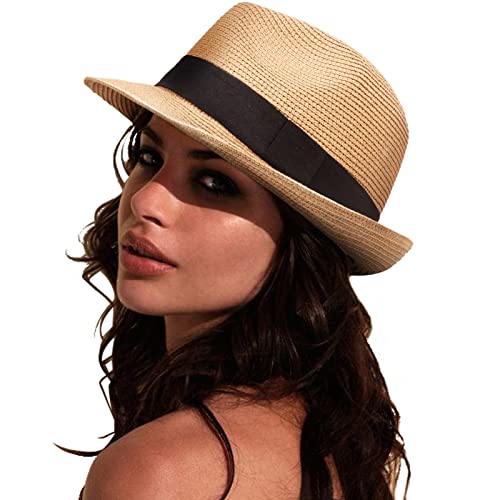 DRESHOW Women Straw Sun Hat Short Brim Panama Travel Fedora Beach Cap Roll Up Summer Hat for Men UPF 50+