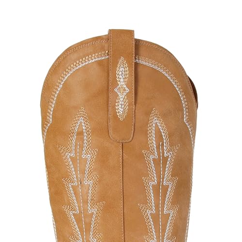 Image of STALOV Cowboy Boots for Women Pull On Chunky Heel Boots Knee High Cowgirl Boots Western Pointed Toe Boots Embroidered Suede Boots