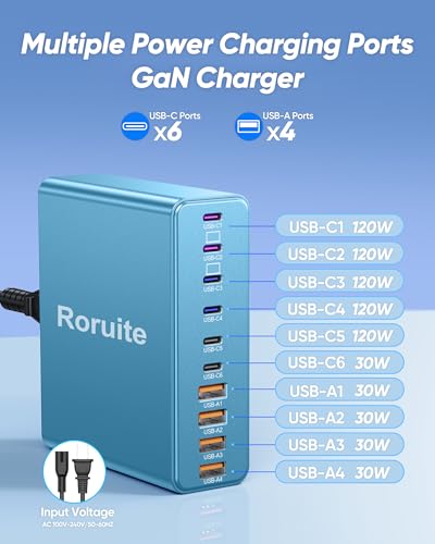 Image of 1000W USB C Charging Station, 120W PD GaN5 Super Fast USB C Charger Block-10 Port, Type C for PC Laptop MacBook Pro /Air Charger Compatible with iPhone 17 16 15 14 13 12 Pro Max, iPad, Galaxy