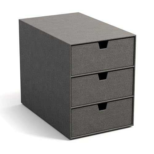 BIGSO INGRID Schubladenbox für Dokumente und Bürobedarf – Schreibtisch Organizer mit 3 Schubladen – Ablagesystem aus Faserplatte und Papier in Leinenoptik – grau