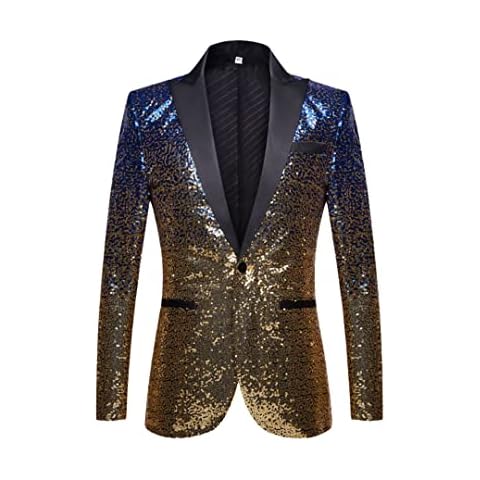 Gold Blue Sequin Gradual Change Blazers Jacket Men Nightclub Prom Suit Blazers Men Costume Stage Clothes For Singers Blue Gold USA Size XXL Cover