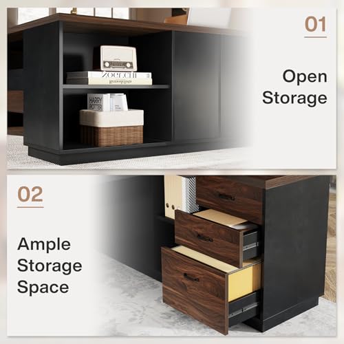 Image of Tribesigns 78 inch L-Shaped Executive Desk, Large Office Desk with Drawers and Lateral File Cabinet, Business Furniture with Storage Shelves, Modern Computer Desk for Home Office, Walnut & Black