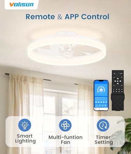 Image of VOLISUN Low Profile Ceiling Fans with Lights and Remote, 20in Fandelier Ceiling Fan Flush Mount, 3000K-6500K Smart Bladeless LED Fan Light, White Modern Ceiling Fans with Lights for Bedroom