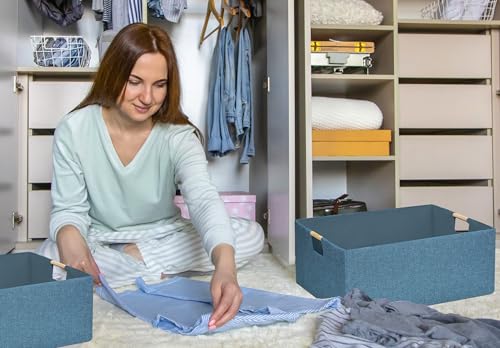 Image of Foldable Storage Box with Handles | 16.9 Inch Collapsible Organizer for Clothes, Toys, Makeup | Sturdy Cardboard Frame & Washable Fabric | Space-Saving Home Decor 2Pack