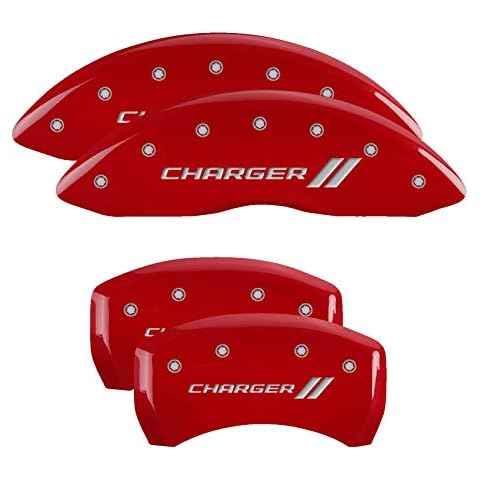 MGP Caliper Covers - Brake Caliper Covers 2011-2023 Dodge Challenger 2011-2023 Dodge Charger (Dual Piston) Front and Rear Set - Charger II Logo - Red Cover