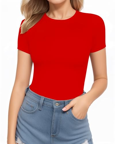 Image of MANGOPOP Women's Round Neck Short Sleeve Bodysuit T Shirts Basic Body Suit Tops