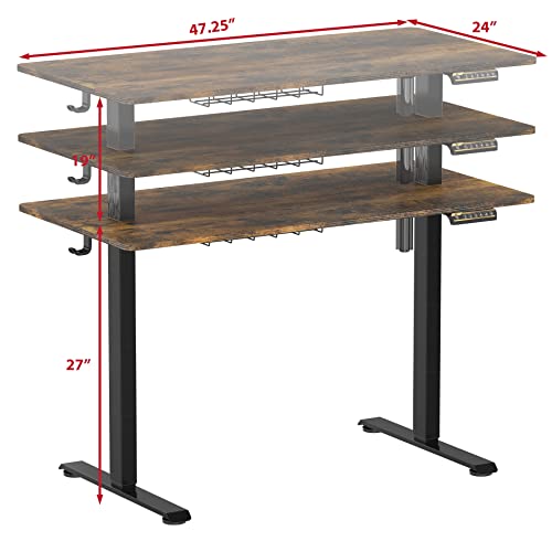 SHW 48-Inch Electric Height Adjustable Sit to Stand Desk with Hanging Hooks and Cable Management, Black Frame and Rustic Brown Top
