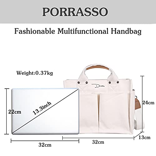 PORRASSO Women Shoulder Bag Casual Handbag Ladies Large Crossbody Bag Canvas Tote Bag for Travel Shopping Daily Use White3