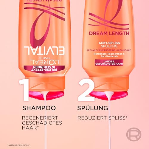 L'Oréal Paris Elvital XXXL Shampoo gegen Spliss, Für traumhaft langes Haar, Mit Rizinusöl, Vitaminen und pflanzlichen Proteinen, Dream Length Super Aufbau Haarshampoo, 1 x 1000 ml