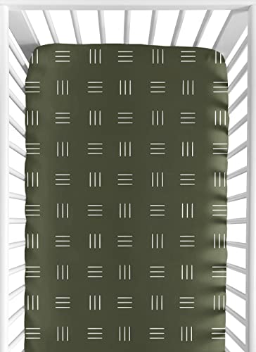 Image of Sweet Jojo Designs Hunter Green Boho Mudcloth Boy or Girl Fitted Crib Sheet Baby or Toddler Bed Nursery - White Bohemian Woodland Tribal Southwest Mud Cloth Hatch Gender Neutral Triple Line
