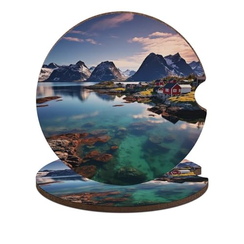 Lot de 2 sous-verres de voiture avec base en liège absorbante et anti-rayures et fente pour les doigts, 6,6 cm (2,6 pouces). Sous-verres « Îles de Norvège » pour voitures, camions, SUV, accessoires au