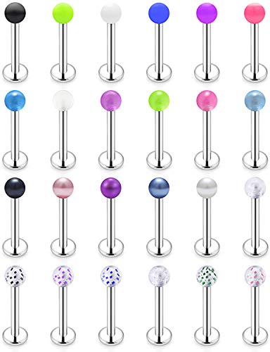 Hoeudjo 24PCS 14G Surgical Steel Lip Rings Labret Studs Piercing Jewelry for Women Men Tragus Cartilage Conch Auricle Helix Earring Stud Medusa Piercing 10mm 3 8 inch Bar Length Glow in The Dark