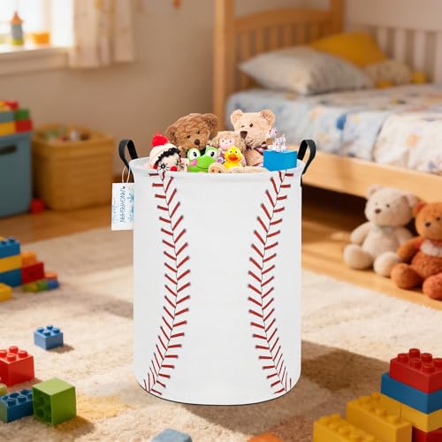 Image of Round Laundry Basket Collapsible Storage Hamper Organizer Red Baseball | Waterproof Canvas Foldable Baskets with sturdy Handles Multi-scene Organizer for Home Play Bedroom Gift Bin