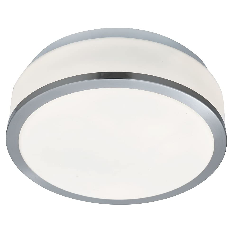 Britalia Satin Silver Chrome Trim & Opal Glass Shade Bathroom Modern Round Flush Ceiling Light 230mm | 2 x E27 ES Lamp Bulbs Required (Not Included) | IP44 Rated | Suitable for Outdoor Use