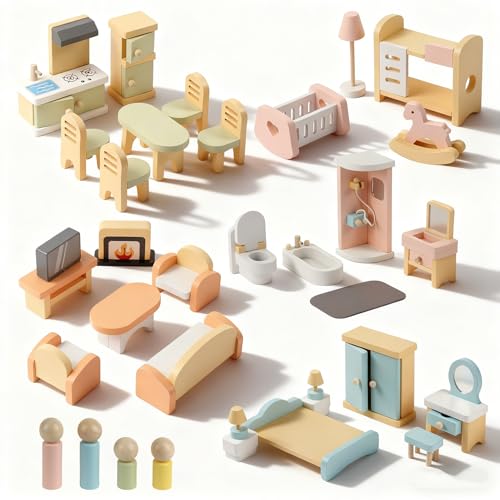 Peccvon 35PCS Wooden Dollhouse Furniture Set with Dolls for 5 Rooms Kits, Doll House Accessories Furniture Toys for Toddlers, Pretend Play Toys Christmas Birthday Gift for Girls and Boys, 3+