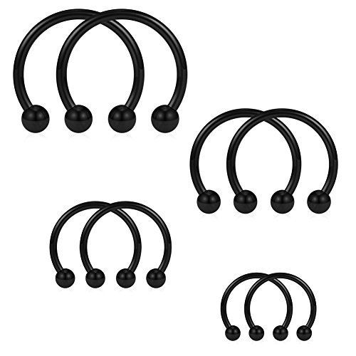 SCERRING 8PCS 16G Stainless Steel Nose Septum Horseshoe Earring Eyebrow Septum Lip Helix Tragus Cartilage Piercing Ring 6mm,8mm,10mm,12mm - Black