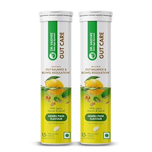 Image of Dr. Vaidya's Gut Care Effervescent Tablets | Helps reduce bloating & acidity, improves digestion, promotes gut health & regulates Bowel movement | Jeera, Ajwain, Saunf | Prebiotic & Probiotic Blend with healthy gut microbiome 15 Tablets (Pack of 2)